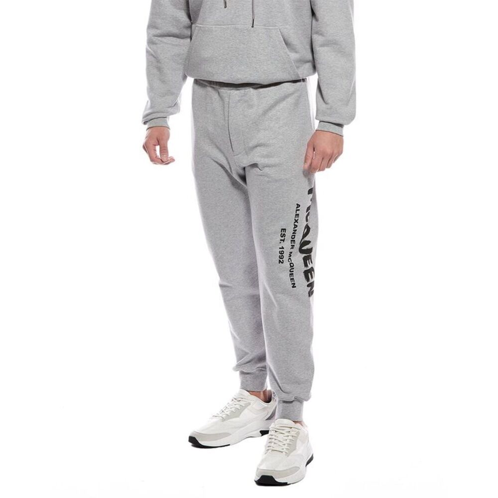 Alexander Mcqueen Mens Cut & Sew Graffiti Print Jogger Pant, Grey